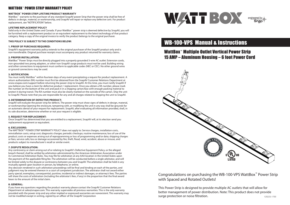 Staub Electronics WB-100-VPS WATTBOX - VERTICAL MOUNT POWER STRIP User Manual | 2 pages