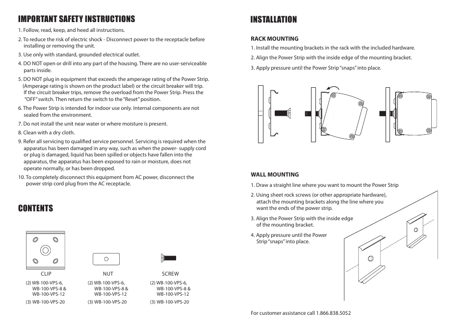 Important safety instructions, Contents installation | Staub Electronics WB-100-VPS WATTBOX - VERTICAL MOUNT POWER STRIP User Manual | Page 2 / 2