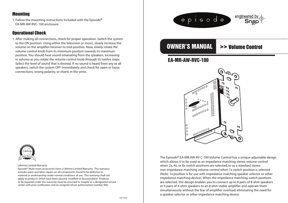 Staub Electronics EA-MR-AW-RVC-100 EPISODE ALL-WEATHER IMPEDANCE MATCHING VOLUME CONTROL User Manual | 2 pages