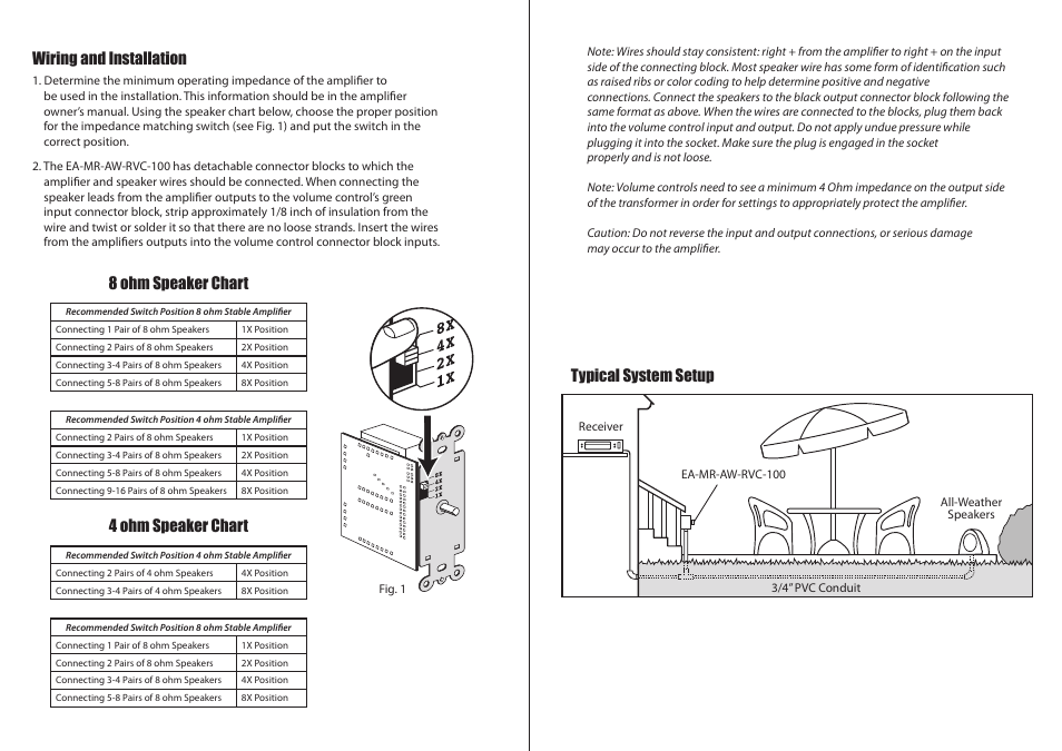 Wiring and installation, 8 ohm speaker chart, 4 ohm speaker chart | Typical system setup | Staub Electronics EA-MR-AW-RVC-100 EPISODE ALL-WEATHER IMPEDANCE MATCHING VOLUME CONTROL User Manual | Page 2 / 2