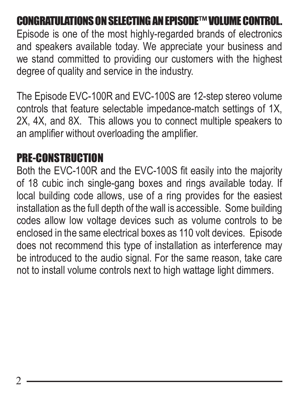 Staub Electronics EVC-100S-WHLA EPISODE - 100 W SLIDING VOLUME CONTROL User Manual | Page 2 / 8