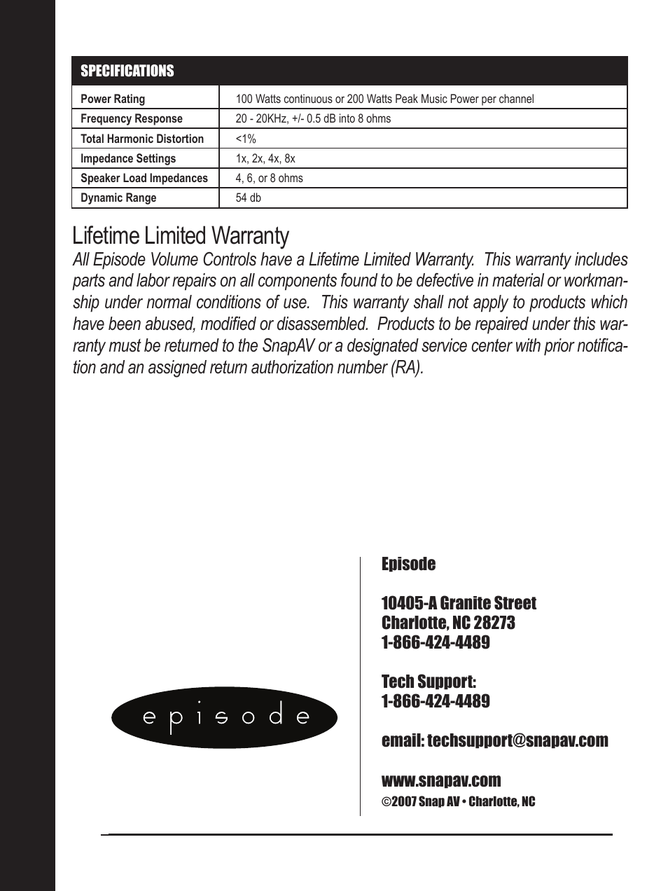 Lifetime limited warranty | Staub Electronics EVC-100S-WHLA EPISODE - 100 W SLIDING VOLUME CONTROL User Manual | Page 8 / 8