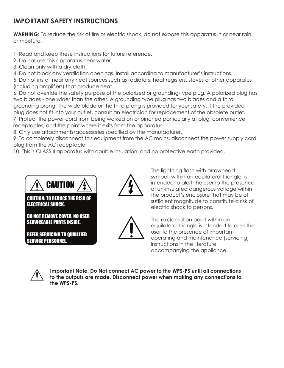 Caution, Important safety instructions | Staub Electronics WPS-PS18-12VDC-18A WIREPATH - SURVEILLANCE 18 OUTPUT POWER SUPPLY 12V DC 18A PTC FUSES User Manual | Page 2 / 8