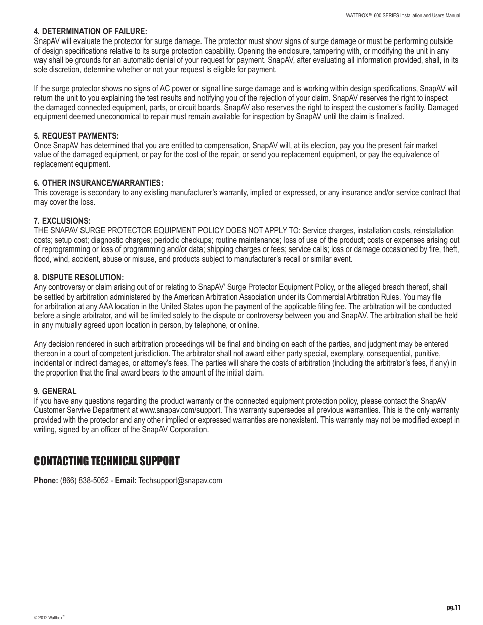 Contacting technical support | Staub Electronics WB-600-SVCE-12 WATTBOX - SEQUENCING POWER CONDITIONER W_ SAFE VOLTAGE, 12 OUTLETS User Manual | Page 11 / 12
