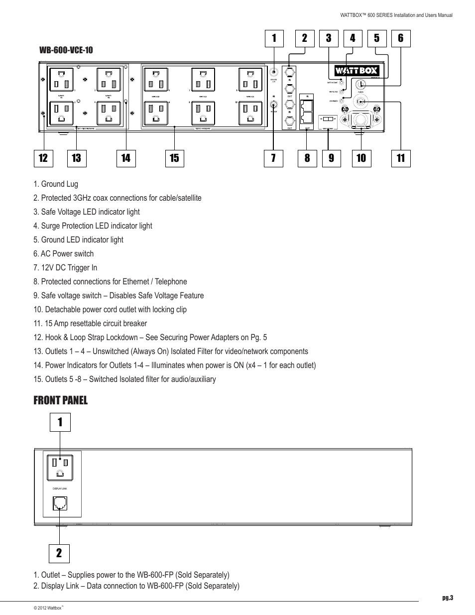 Front panel | Staub Electronics WB-600-SVCE-12 WATTBOX - SEQUENCING POWER CONDITIONER W_ SAFE VOLTAGE, 12 OUTLETS User Manual | Page 3 / 12