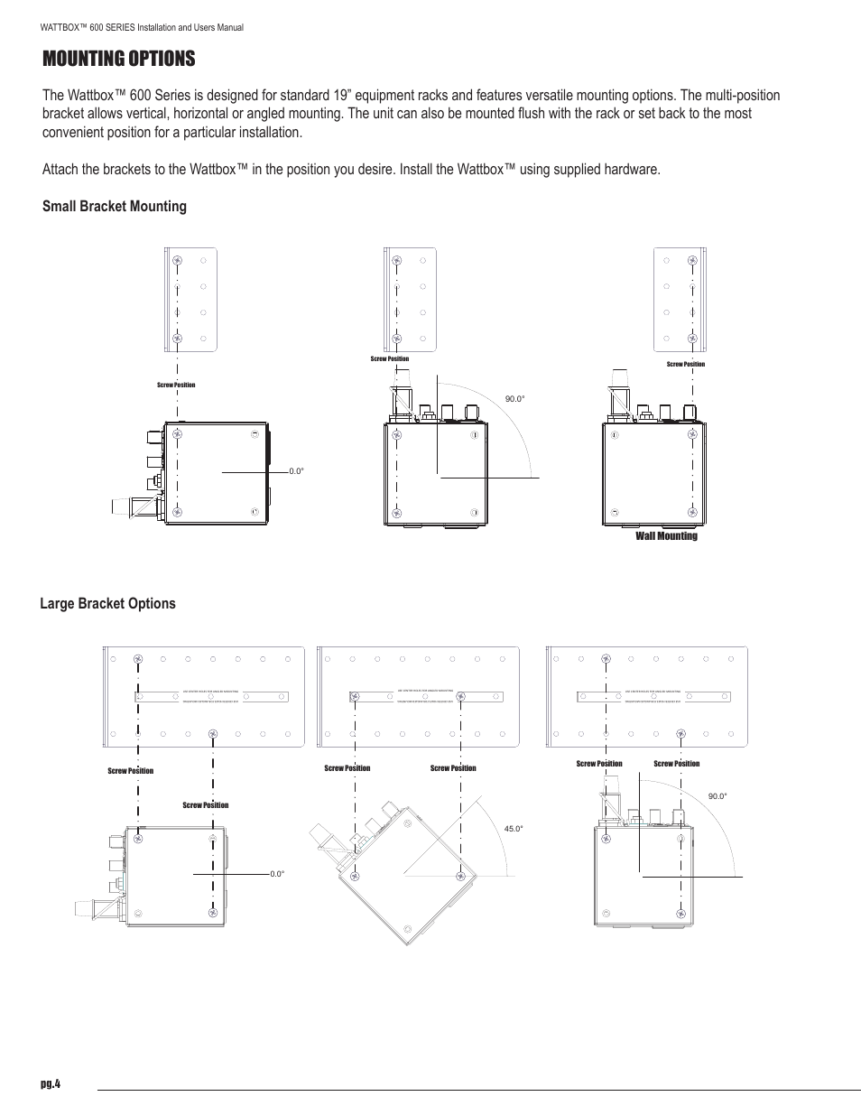 Mounting options, Pg.4, Wall mounting | Wattbox™ 600 series installation and users manual | Staub Electronics WB-600-SVCE-12 WATTBOX - SEQUENCING POWER CONDITIONER W_ SAFE VOLTAGE, 12 OUTLETS User Manual | Page 4 / 12