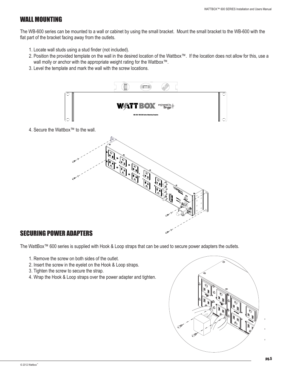Wall mounting, Securing power adapters | Staub Electronics WB-600-SVCE-12 WATTBOX - SEQUENCING POWER CONDITIONER W_ SAFE VOLTAGE, 12 OUTLETS User Manual | Page 5 / 12