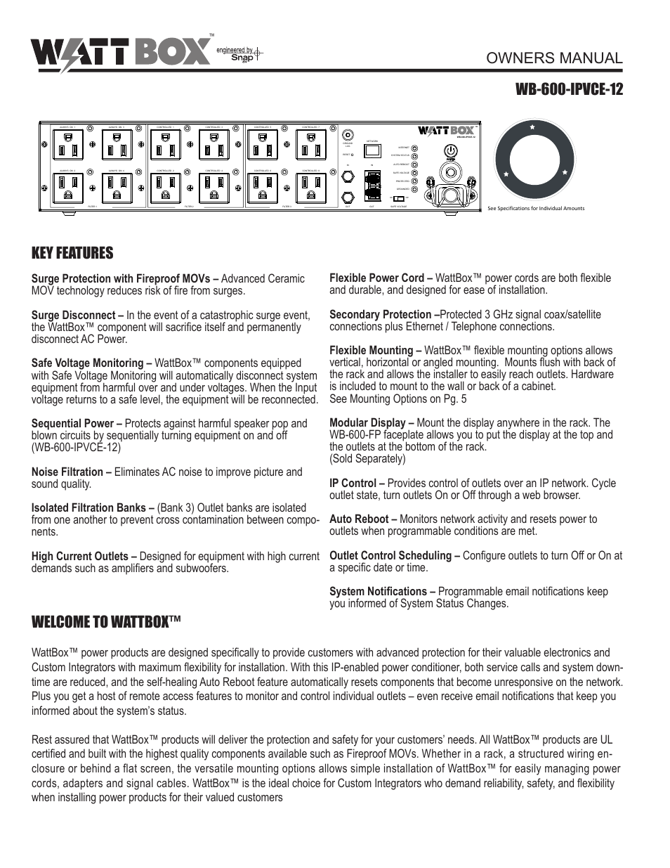 Staub Electronics WB-600-IPVCE-12 WATTBOX - IP CONTROLLABLE 12 OUTLET RACK MOUNT POWER CONDITIONER WITH AUTO REBOOT User Manual | 12 pages