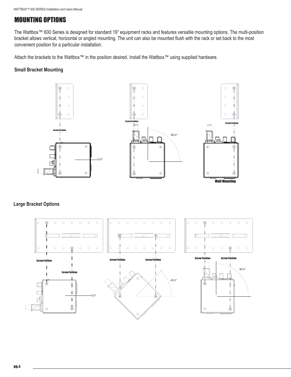 Mounting options, Pg.4, Wall mounting | Wattbox™ 600 series installation and users manual | Staub Electronics WB-600-IPVCE-12 WATTBOX - IP CONTROLLABLE 12 OUTLET RACK MOUNT POWER CONDITIONER WITH AUTO REBOOT User Manual | Page 4 / 12