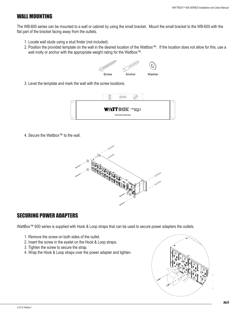 Wall mounting, Securing power adapters | Staub Electronics WB-600-IPVCE-12 WATTBOX - IP CONTROLLABLE 12 OUTLET RACK MOUNT POWER CONDITIONER WITH AUTO REBOOT User Manual | Page 5 / 12