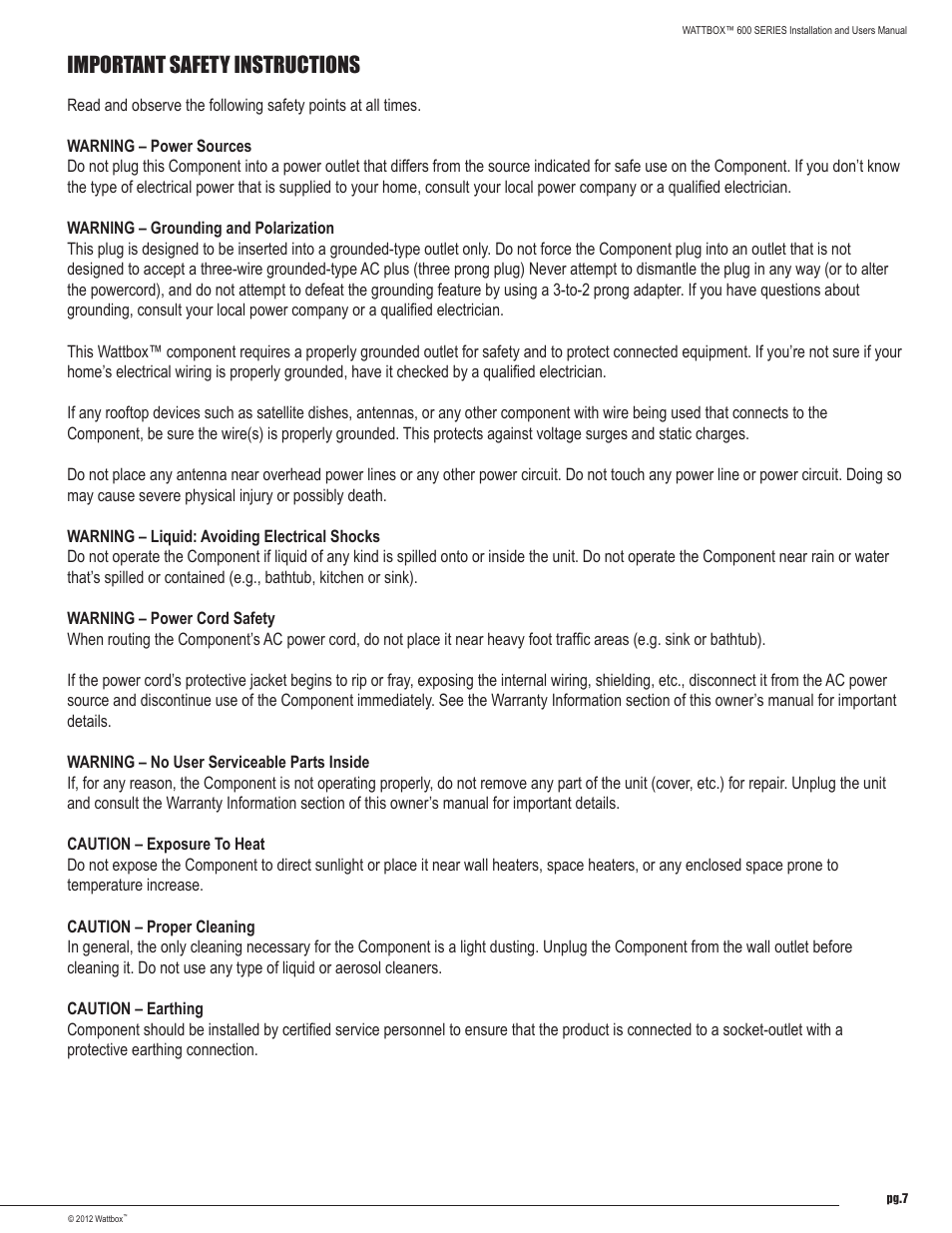 Important safety instructions | Staub Electronics WB-600-IPVCE-12 WATTBOX - IP CONTROLLABLE 12 OUTLET RACK MOUNT POWER CONDITIONER WITH AUTO REBOOT User Manual | Page 7 / 12