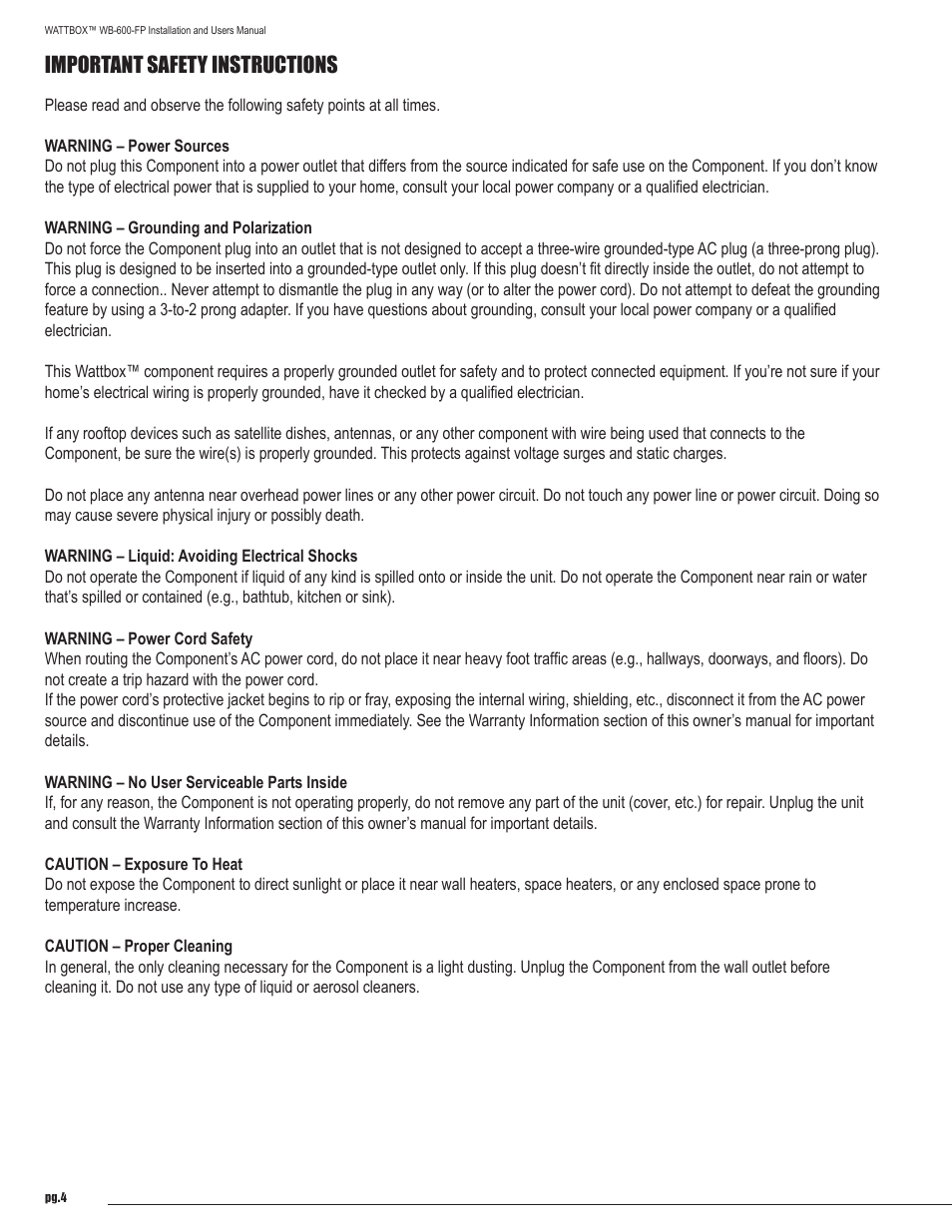 Important safety instructions | Staub Electronics WB-600-FP WATTBOX - FACEPLATE DISPLAY OPTION FOR 600 SERIES User Manual | Page 4 / 6