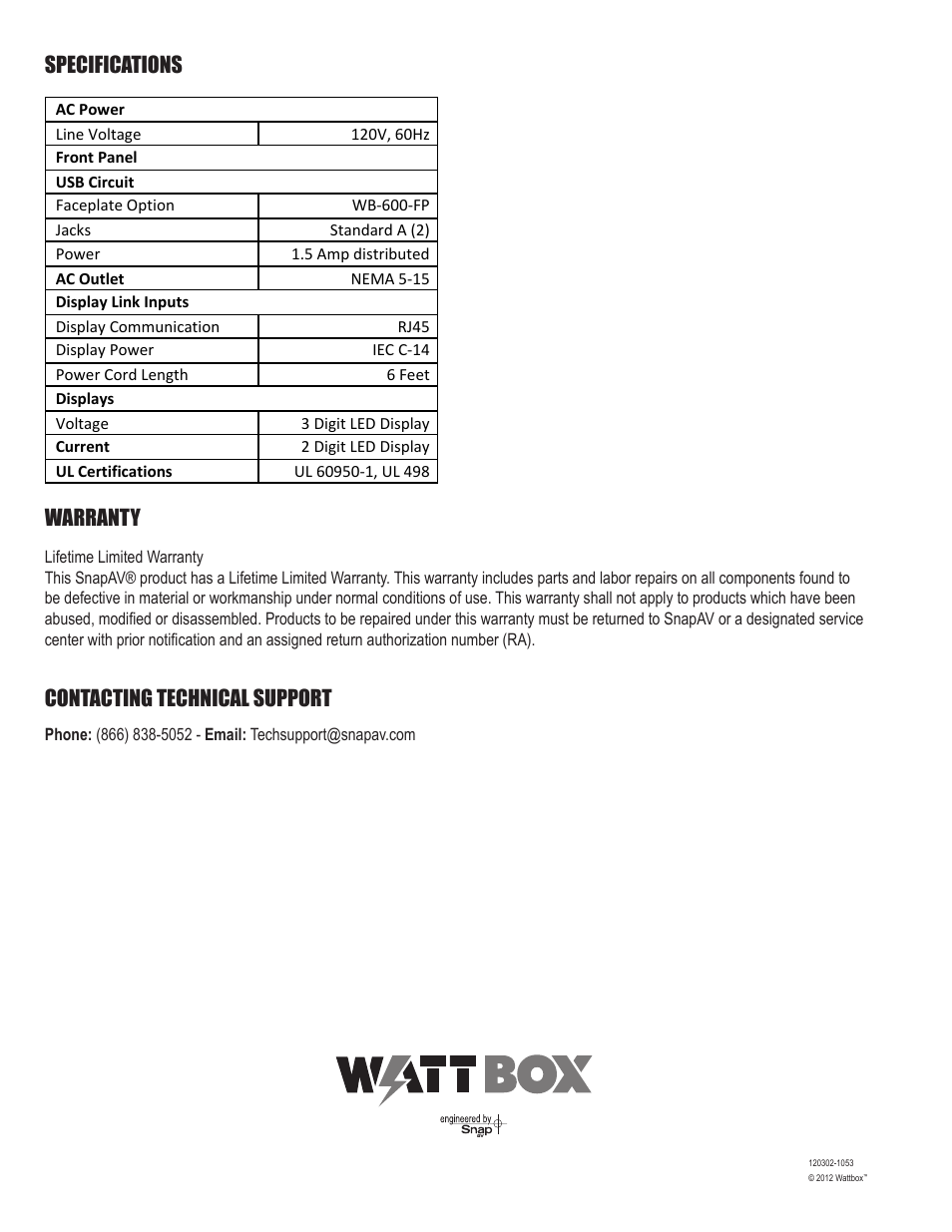 Specifications warranty, Contacting technical support | Staub Electronics WB-600-FP WATTBOX - FACEPLATE DISPLAY OPTION FOR 600 SERIES User Manual | Page 6 / 6