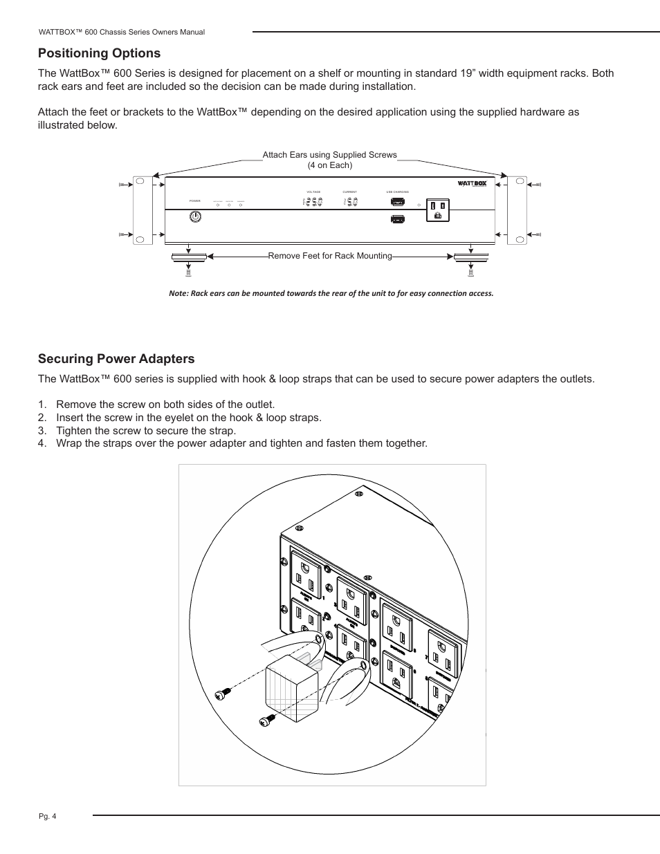 Positioning options, Securing power adapters | Staub Electronics WB-600CH-SVCE-12 WATTBOX - SEQUENCING CHASSIS POWER CONDITIONER - 12 OUTLETS, 2 COAX, 2 ETHERNET User Manual | Page 4 / 12