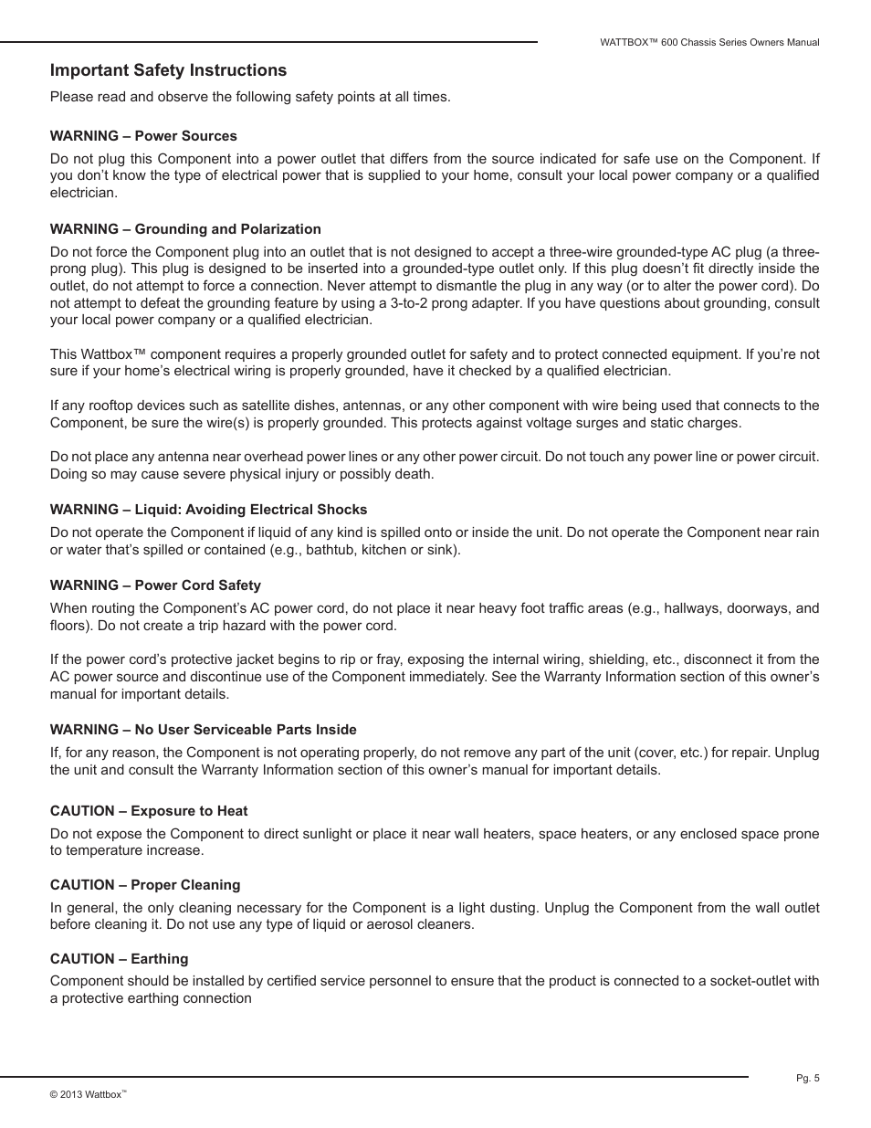 Important safety instructions | Staub Electronics WB-600CH-SVCE-12 WATTBOX - SEQUENCING CHASSIS POWER CONDITIONER - 12 OUTLETS, 2 COAX, 2 ETHERNET User Manual | Page 5 / 12