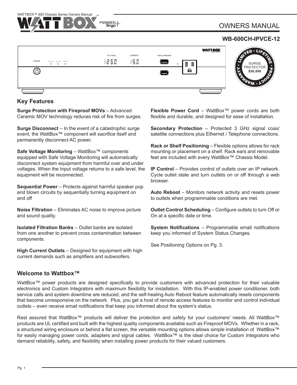 Staub Electronics WB-600CH-IPVCE-12 WATTBOX - IP+ CONTROLLABLE 12 OUTLET (8 CONTROLLED) CHASSIS POWER CONDITIONER WITH AUTO REBOOT User Manual | 12 pages