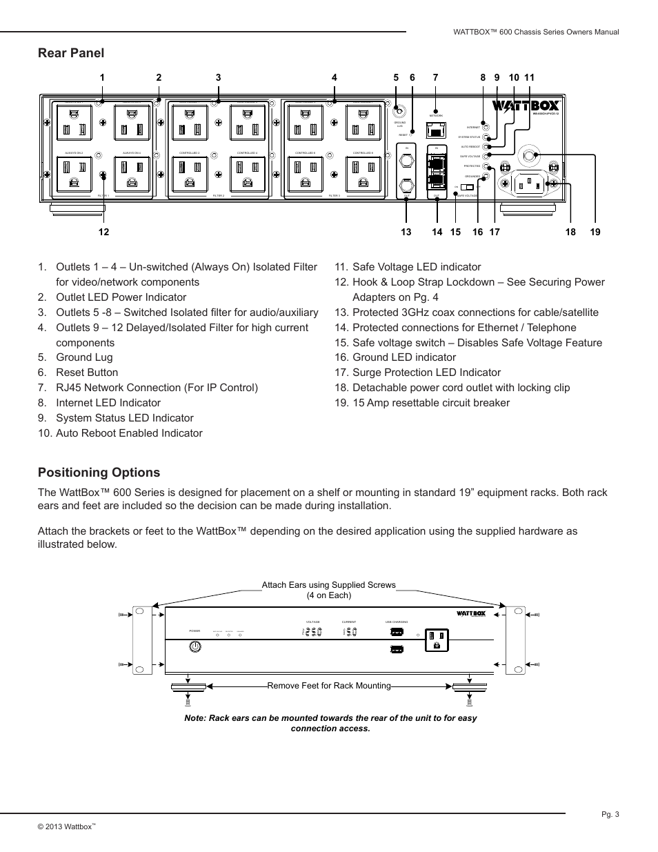 Rear panel positioning options, Safe voltage protected grounded | Staub Electronics WB-600CH-IPVCE-12 WATTBOX - IP+ CONTROLLABLE 12 OUTLET (8 CONTROLLED) CHASSIS POWER CONDITIONER WITH AUTO REBOOT User Manual | Page 3 / 12