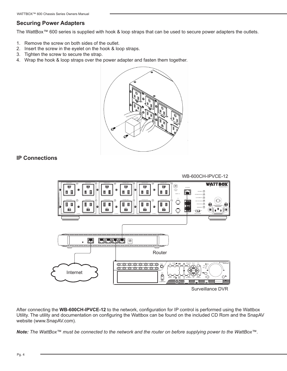 Securing power adapters ip connections, Surveillance dvr internet, Abc def ghi jkl mno pqrs tuv wxyz 0 | Pg. 4 wattbox™ 600 chassis series owners manual | Staub Electronics WB-600CH-IPVCE-12 WATTBOX - IP+ CONTROLLABLE 12 OUTLET (8 CONTROLLED) CHASSIS POWER CONDITIONER WITH AUTO REBOOT User Manual | Page 4 / 12