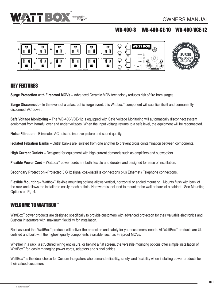 Staub Electronics WB-400-8 WATTBOX - POWER CONDITIONER, 8 OUTLETS User Manual | 12 pages