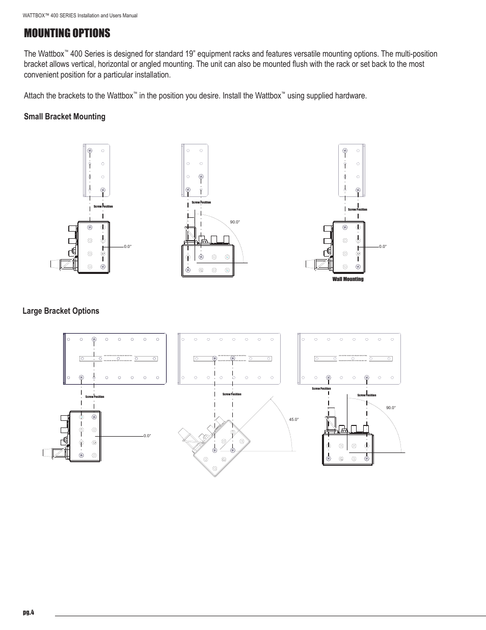 Mounting options, The wattbox, Using supplied hardware. small bracket mounting | Large bracket options, Pg.4, Wattbox™ 400 series installation and users manual, Wall mounting | Staub Electronics WB-400-8 WATTBOX - POWER CONDITIONER, 8 OUTLETS User Manual | Page 4 / 12