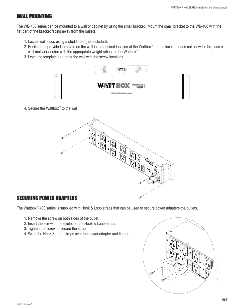 Wall mounting, Securing power adapters | Staub Electronics WB-400-8 WATTBOX - POWER CONDITIONER, 8 OUTLETS User Manual | Page 5 / 12