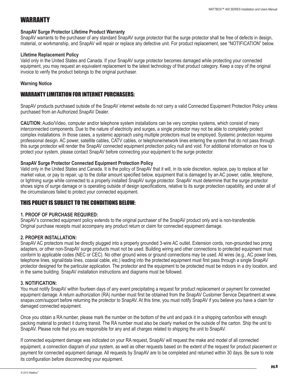 Warranty | Staub Electronics WB-400-8 WATTBOX - POWER CONDITIONER, 8 OUTLETS User Manual | Page 9 / 12