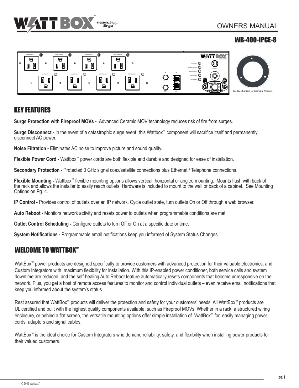 Staub Electronics WB-400-IPCE-8 WATTBOX - IP CONTROLLABLE 8 OUTLET COMPACT POWER CONDITIONER WITH AUTO REBOOT User Manual | 12 pages