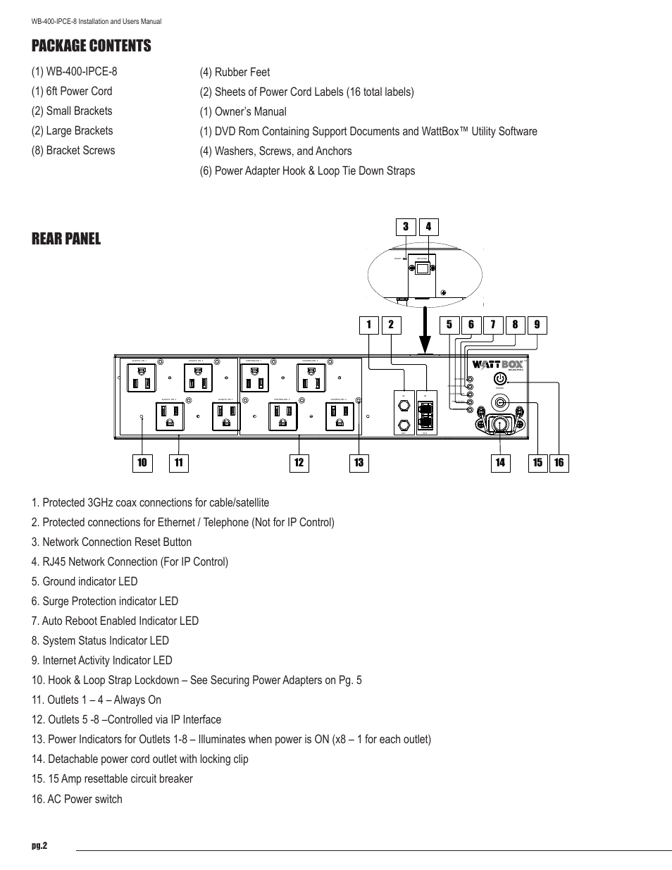 Package contents, Rear panel, Pg.2 | Staub Electronics WB-400-IPCE-8 WATTBOX - IP CONTROLLABLE 8 OUTLET COMPACT POWER CONDITIONER WITH AUTO REBOOT User Manual | Page 2 / 12