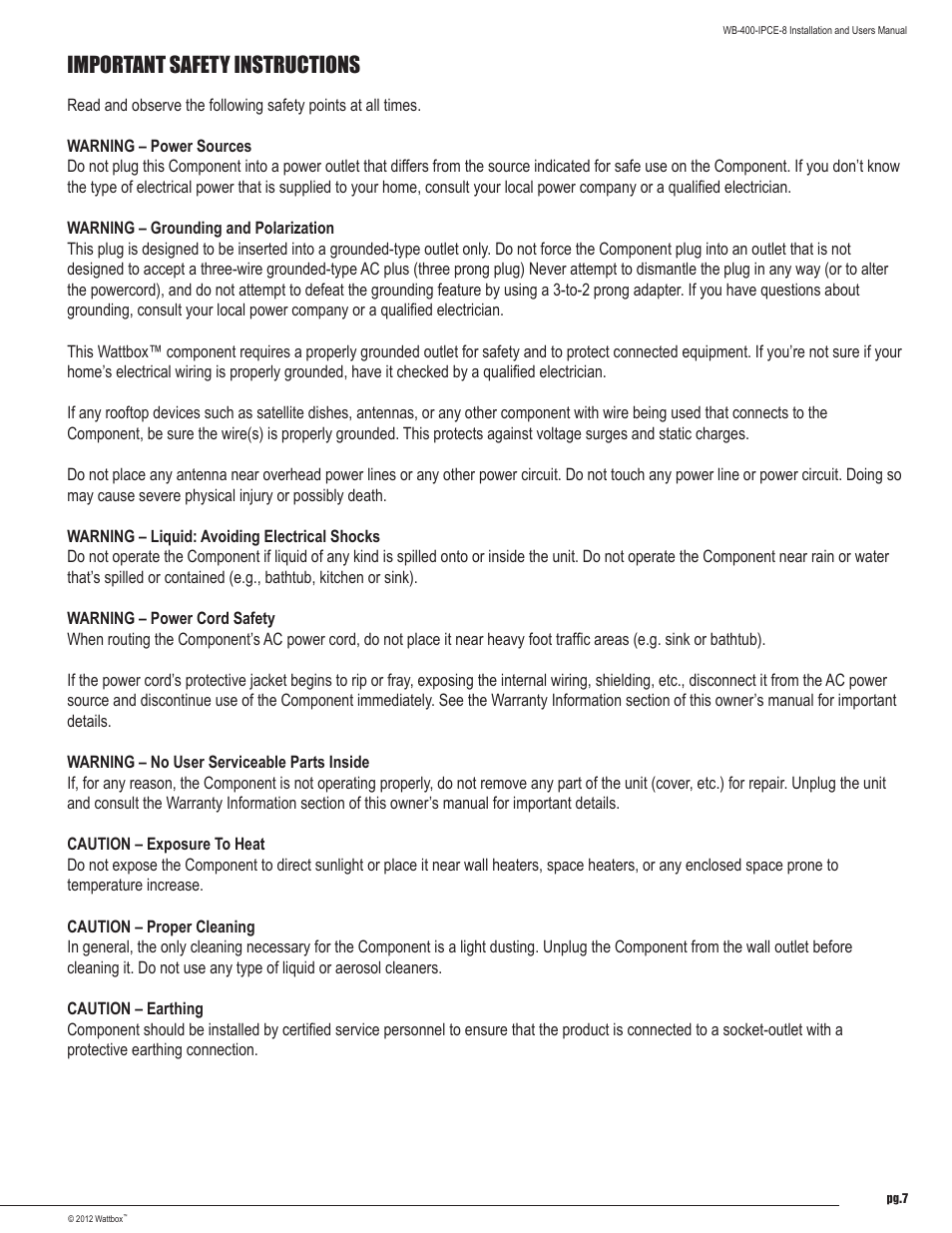 Important safety instructions | Staub Electronics WB-400-IPCE-8 WATTBOX - IP CONTROLLABLE 8 OUTLET COMPACT POWER CONDITIONER WITH AUTO REBOOT User Manual | Page 7 / 12