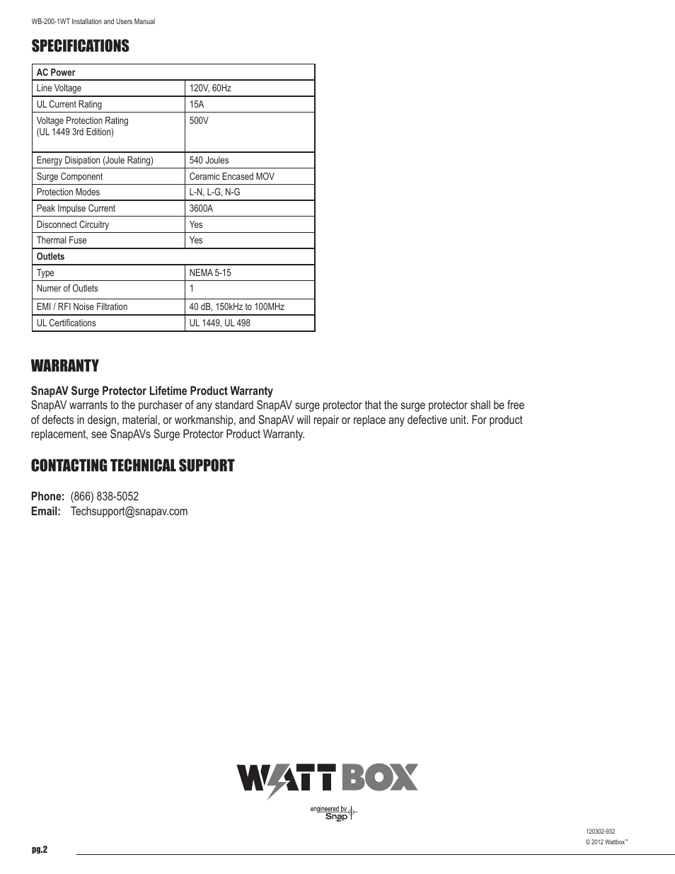 Specifications warranty, Contacting technical support | Staub Electronics WB-200-IPCE-3 WATTBOX - IP CONTROLLABLE 3 OUTLET COMPACT POWER CONDITIONER WITH AUTO REBOOT User Manual | Page 2 / 2