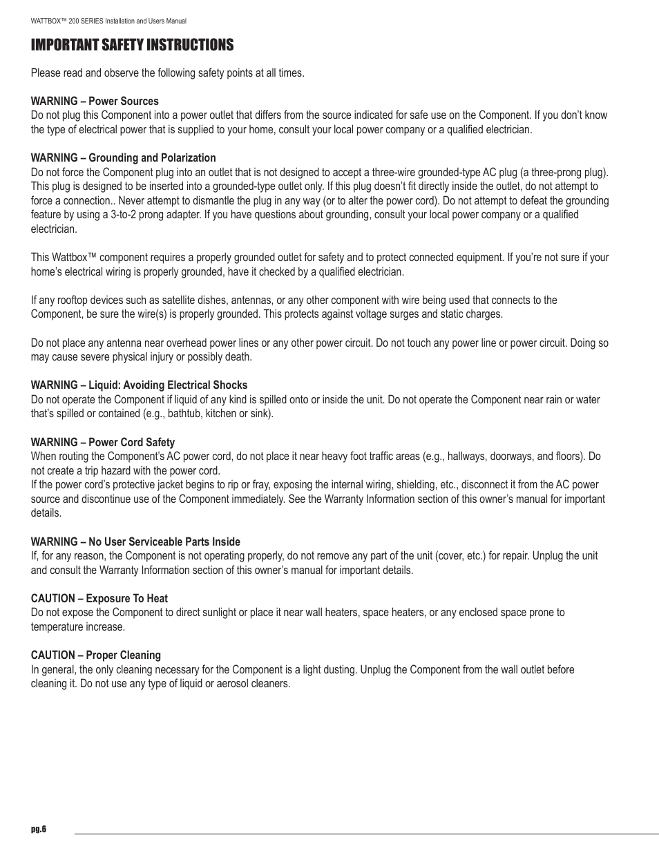 Important safety instructions | Staub Electronics WB-200-2 WATTBOX - MOUNTED POWER CONDITIONER, 2 OUTLETS User Manual | Page 6 / 12
