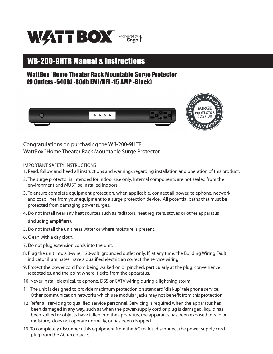 Staub Electronics WB-200-9HTR WATTBOX - POWER CONDITIONER - 9 OUTLETS - 5400 JOULES - EMI_RFI NOISE FILTRATION User Manual | 4 pages