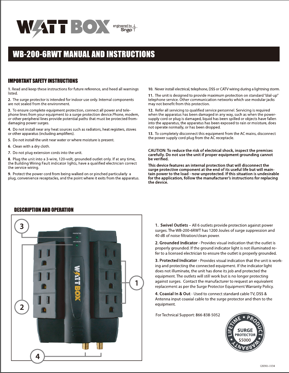 Staub Electronics WB-200-6RWT WATTBOX - POWER 6 OUTLET WALL TAP WITH ROTATING OUTLET AND ROTATING DSS COAXIAL PAIR User Manual | 2 pages