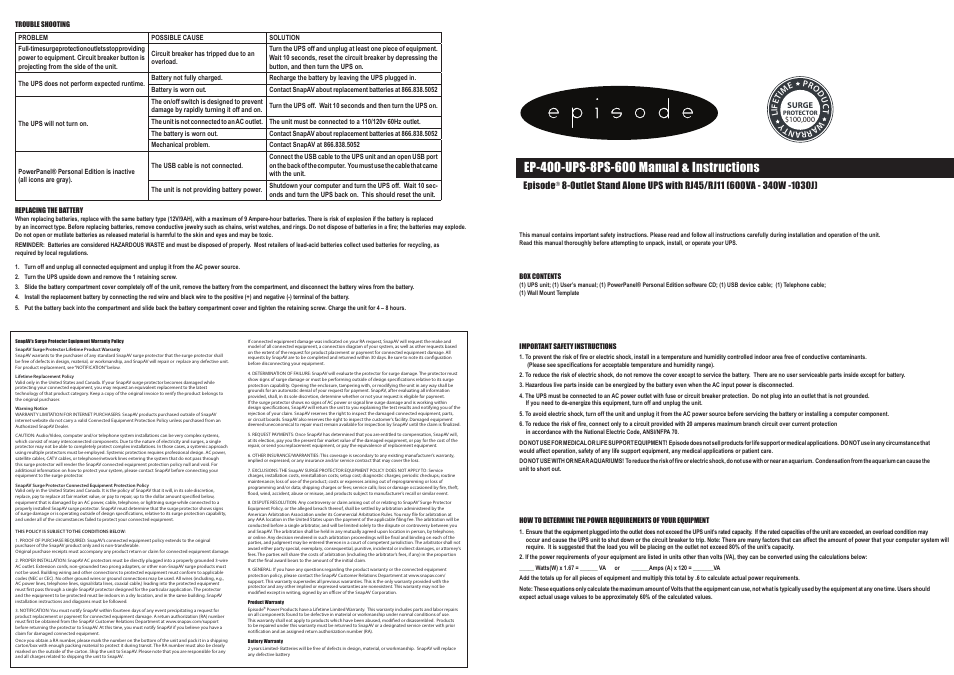 Staub Electronics EP-400-UPS-8PS-600 EPISODE - 8-OUTLET STAND ALONE UNINTERRUPTIBLE POWER SUPPLY User Manual | 2 pages