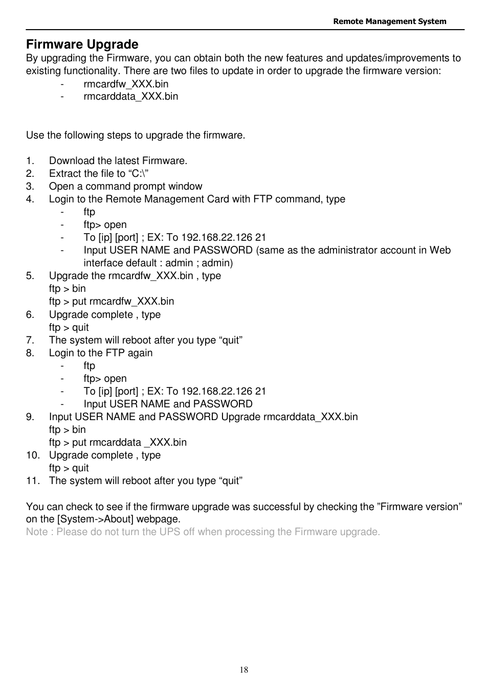 Firmware upgrade | Staub Electronics EP-400-NMC EPISODE - RACK MOUNT UPS NETWORK MANAGMENT CARD User Manual | Page 18 / 21