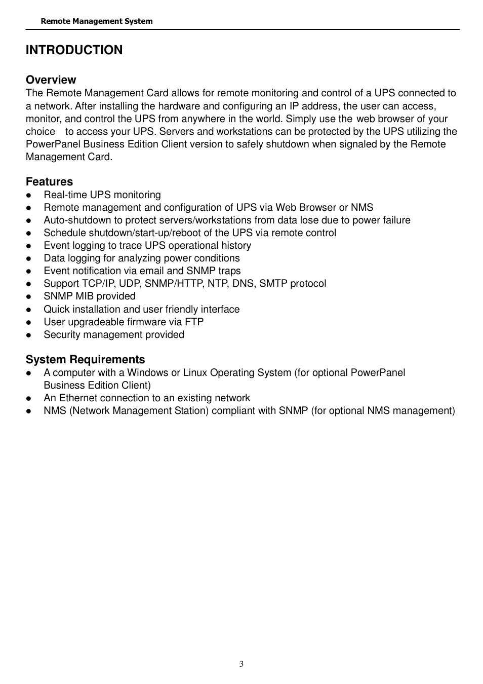 Introduction, Overview, Features | System requirements | Staub Electronics EP-400-NMC EPISODE - RACK MOUNT UPS NETWORK MANAGMENT CARD User Manual | Page 3 / 21