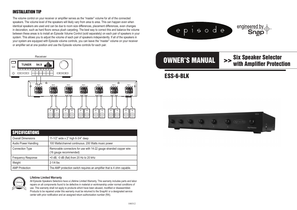 Staub Electronics ESS-6-BLK EPISODE - 6-PAIR SPEAKER SELECTOR W_AMP. PROTECTION User Manual | 2 pages