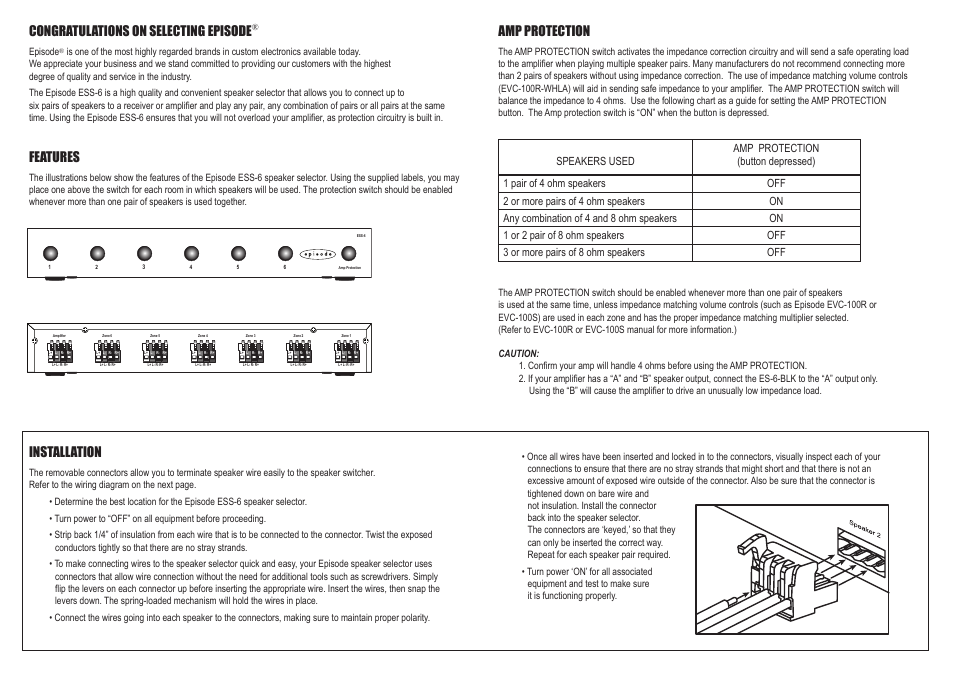 Features, Installation, Amp protection | Staub Electronics ESS-6-BLK EPISODE - 6-PAIR SPEAKER SELECTOR W_AMP. PROTECTION User Manual | Page 2 / 2