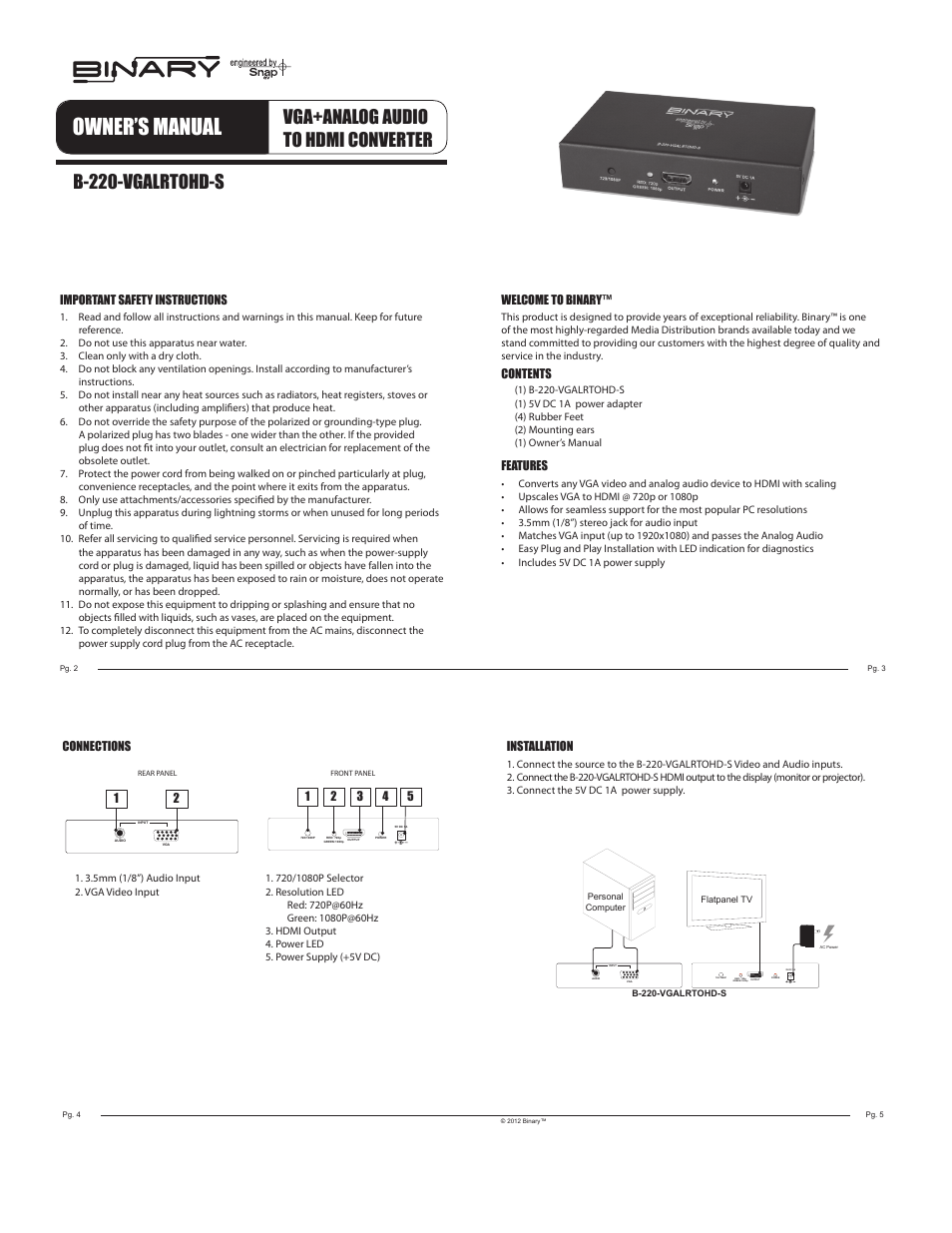 Staub Electronics B-220-VGALRTOHD-S BINARY - VGA AND ANALOG AUDIO TO HDMI CONVERTER AND SCALER User Manual | 2 pages
