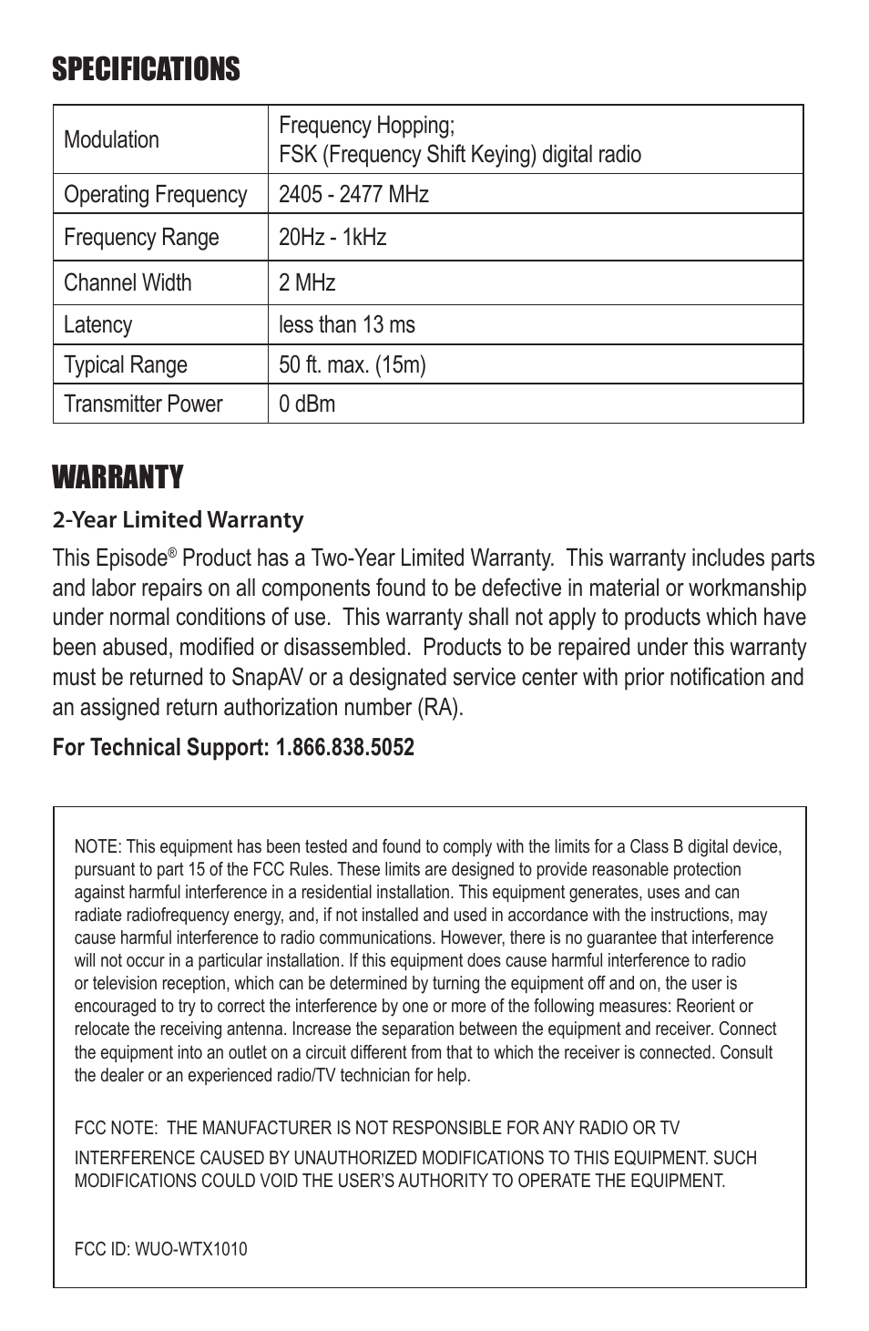 Specifications, Warranty | Staub Electronics ES-SUB-WIRELESS EPISODE - WIRELESS SUBWOOFER KIT User Manual | Page 7 / 8