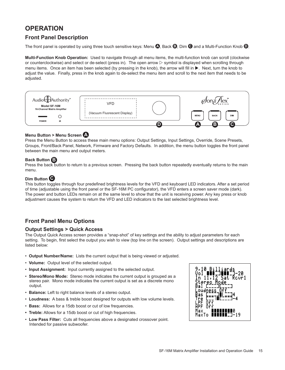 Operation, Front panel description, Front panel menu options | Staub Electronics AA-SF-16M AUDIO AUTHORITY - 16 CHANNEL MATRIX AMPLIFIER WITH FLEXPORT INPUTS User Manual | Page 15 / 24