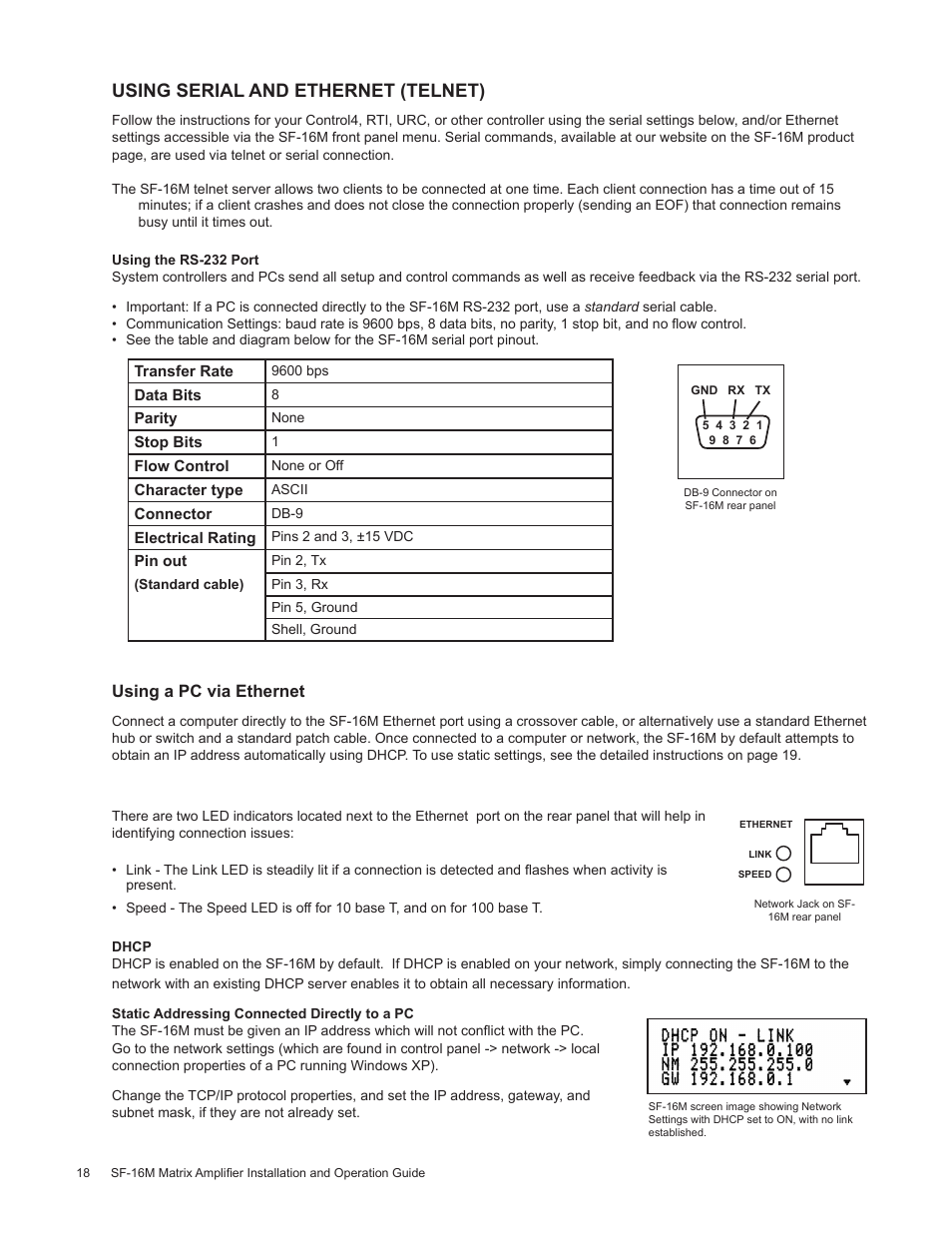 Using serial and ethernet (telnet), Using a pc via ethernet, Transfer rate | Data bits, Parity, Stop bits, Flow control, Character type, Connector, Electrical rating | Staub Electronics AA-SF-16M AUDIO AUTHORITY - 16 CHANNEL MATRIX AMPLIFIER WITH FLEXPORT INPUTS User Manual | Page 18 / 24