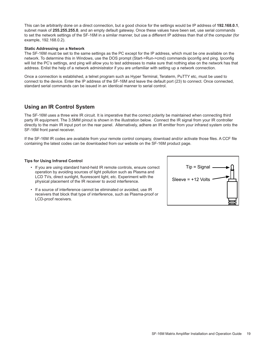 Using an ir control system | Staub Electronics AA-SF-16M AUDIO AUTHORITY - 16 CHANNEL MATRIX AMPLIFIER WITH FLEXPORT INPUTS User Manual | Page 19 / 24