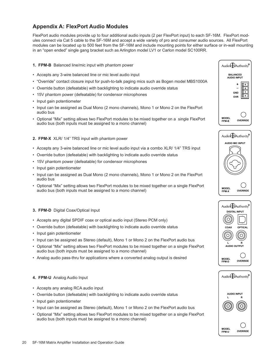 Appendix a: flexport audio modules | Staub Electronics AA-SF-16M AUDIO AUTHORITY - 16 CHANNEL MATRIX AMPLIFIER WITH FLEXPORT INPUTS User Manual | Page 20 / 24