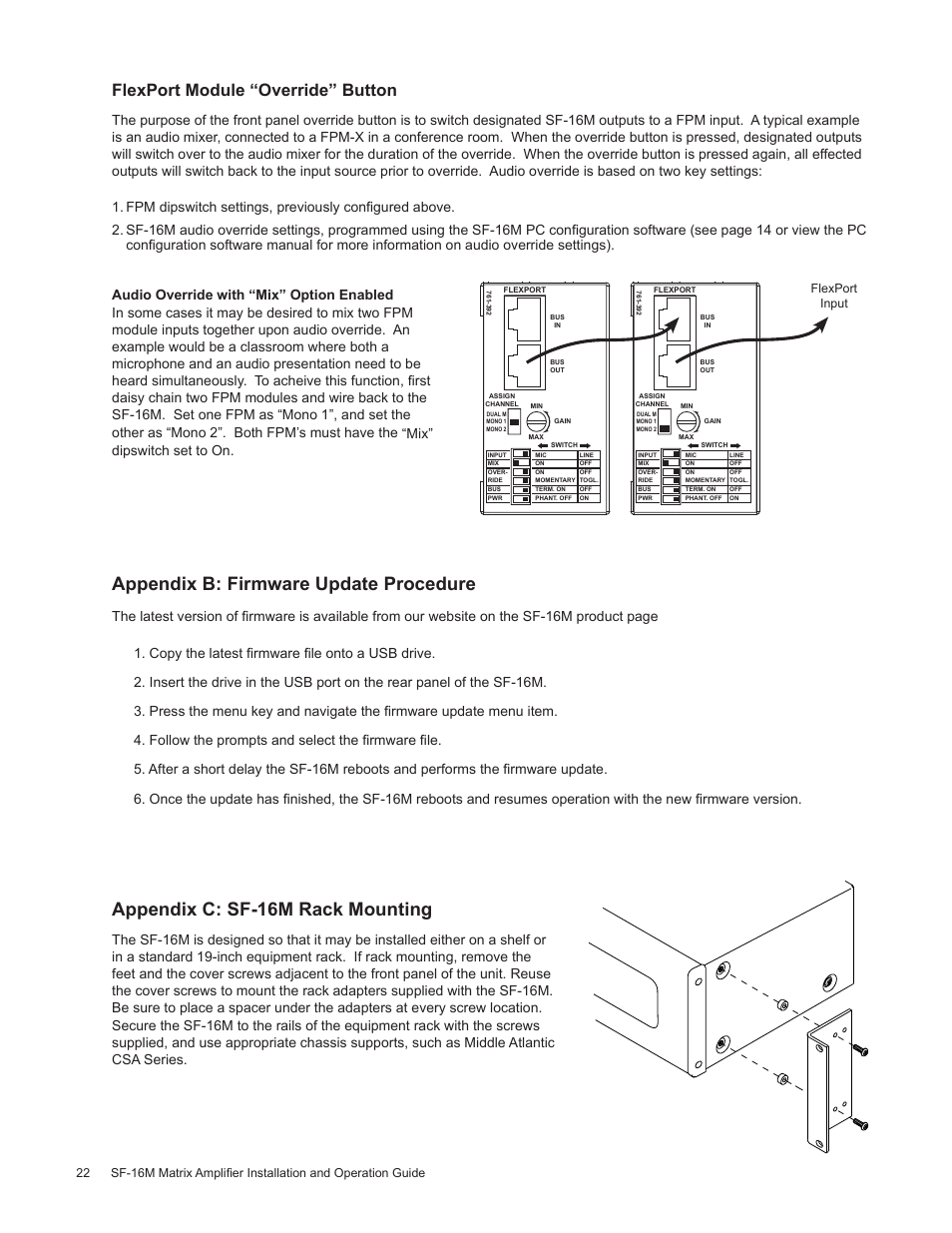 Appendix b: firmware update procedure, Appendix c: sf-16m rack mounting, Flexport module “override” button | Staub Electronics AA-SF-16M AUDIO AUTHORITY - 16 CHANNEL MATRIX AMPLIFIER WITH FLEXPORT INPUTS User Manual | Page 22 / 24