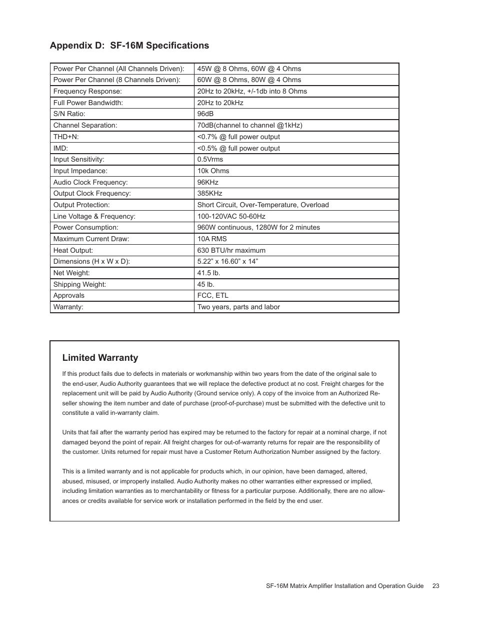 Appendix d: sf-16m specifications limited warranty | Staub Electronics AA-SF-16M AUDIO AUTHORITY - 16 CHANNEL MATRIX AMPLIFIER WITH FLEXPORT INPUTS User Manual | Page 23 / 24