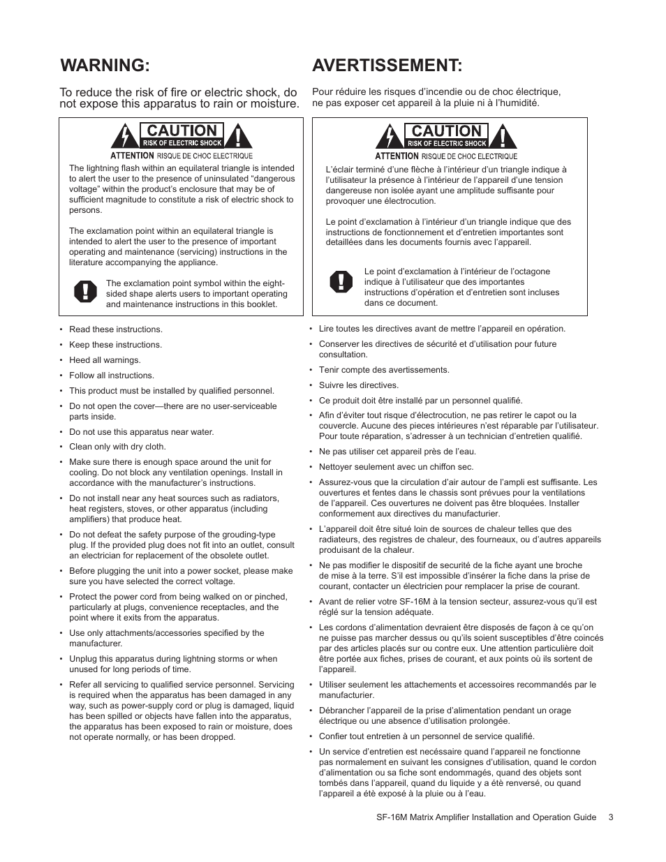 Warning: avertissement, Flexport 1, Flexport 2 | Staub Electronics AA-SF-16M AUDIO AUTHORITY - 16 CHANNEL MATRIX AMPLIFIER WITH FLEXPORT INPUTS User Manual | Page 3 / 24