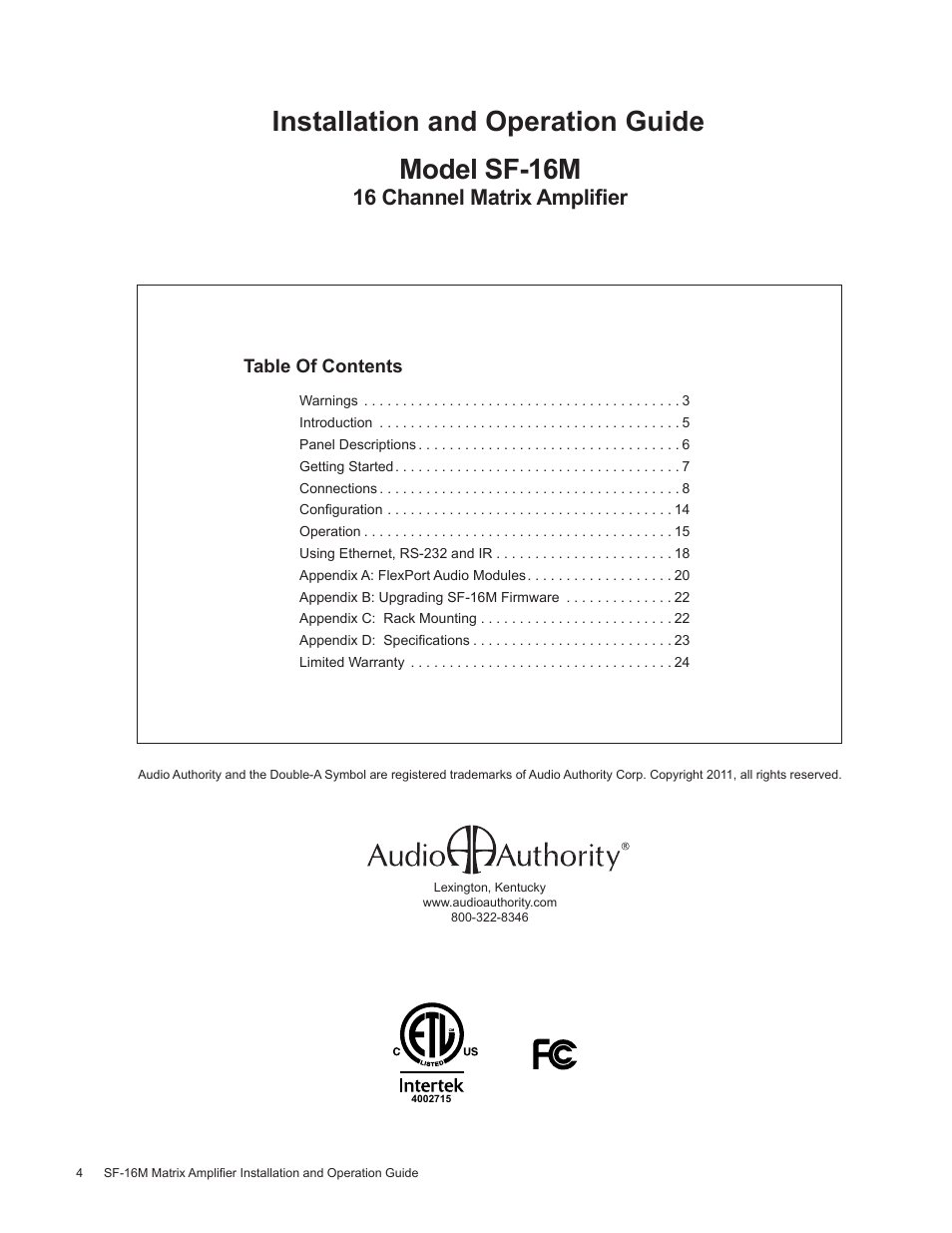 Staub Electronics AA-SF-16M AUDIO AUTHORITY - 16 CHANNEL MATRIX AMPLIFIER WITH FLEXPORT INPUTS User Manual | Page 4 / 24