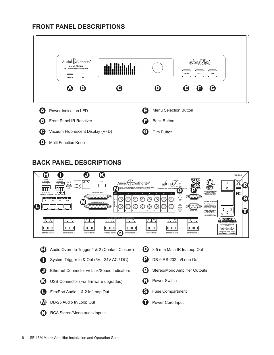 Front panel descriptions, Back panel descriptions, Hi k j | Lm o n, Db-9 rs-232 in/loop out | Staub Electronics AA-SF-16M AUDIO AUTHORITY - 16 CHANNEL MATRIX AMPLIFIER WITH FLEXPORT INPUTS User Manual | Page 6 / 24