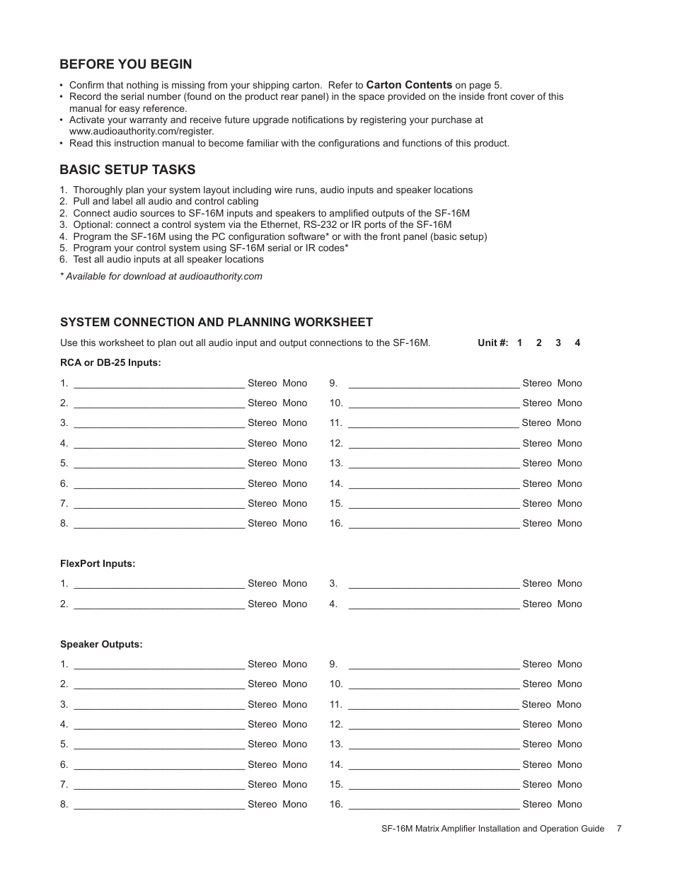 Before you begin, Basic setup tasks | Staub Electronics AA-SF-16M AUDIO AUTHORITY - 16 CHANNEL MATRIX AMPLIFIER WITH FLEXPORT INPUTS User Manual | Page 7 / 24